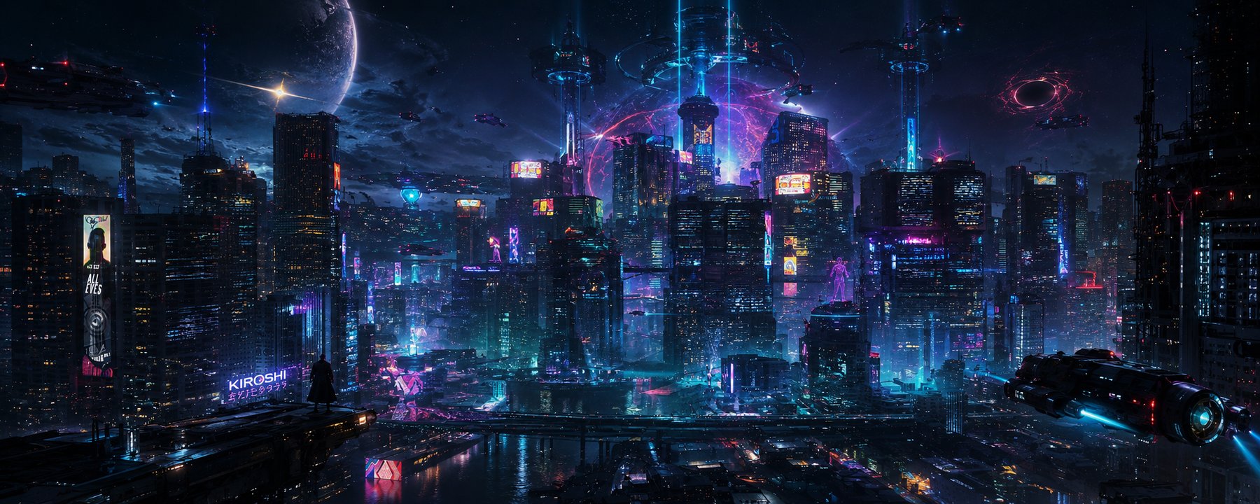 A futuristic city at night, dense with light and infrastructure, the world the intelligence stack is building