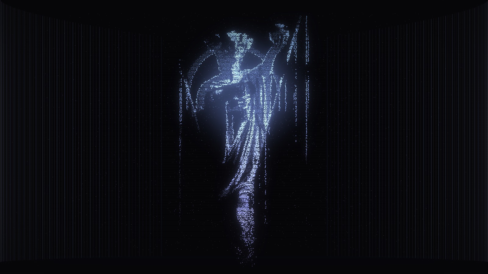 A classical statue rendered as a field of light particles between two dark server walls, the old order dissolving into the new one.