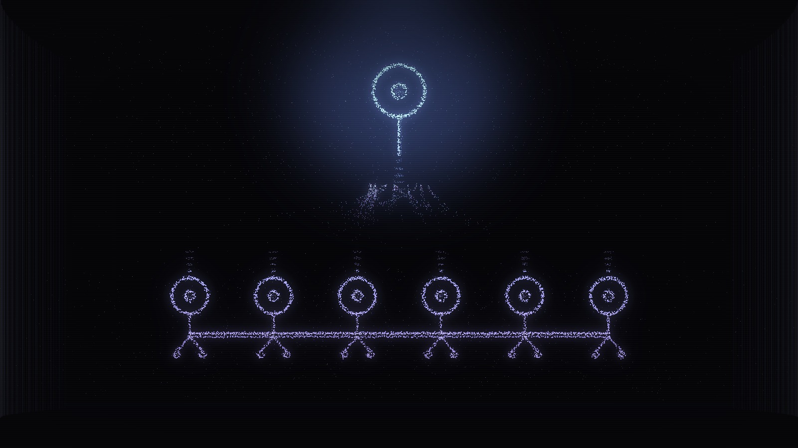 A hierarchy of glowing particle nodes with the entire middle tier missing, and faint particles arcing across the empty band without landing.
