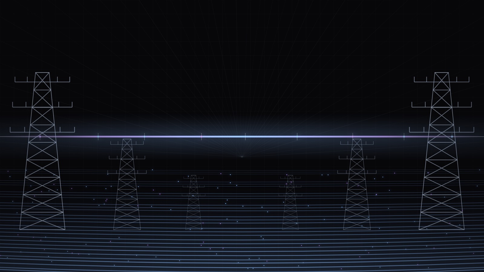 A transmission corridor of lattice towers and receding conductors with a single bright instrumented line running through it, the software layer laid over the wires