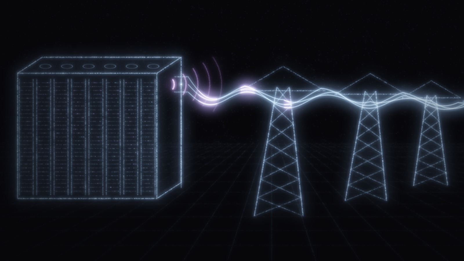 A data hall of server racks drawn in light particles, sending a visible waveform down a high-voltage line strung between receding pylons.