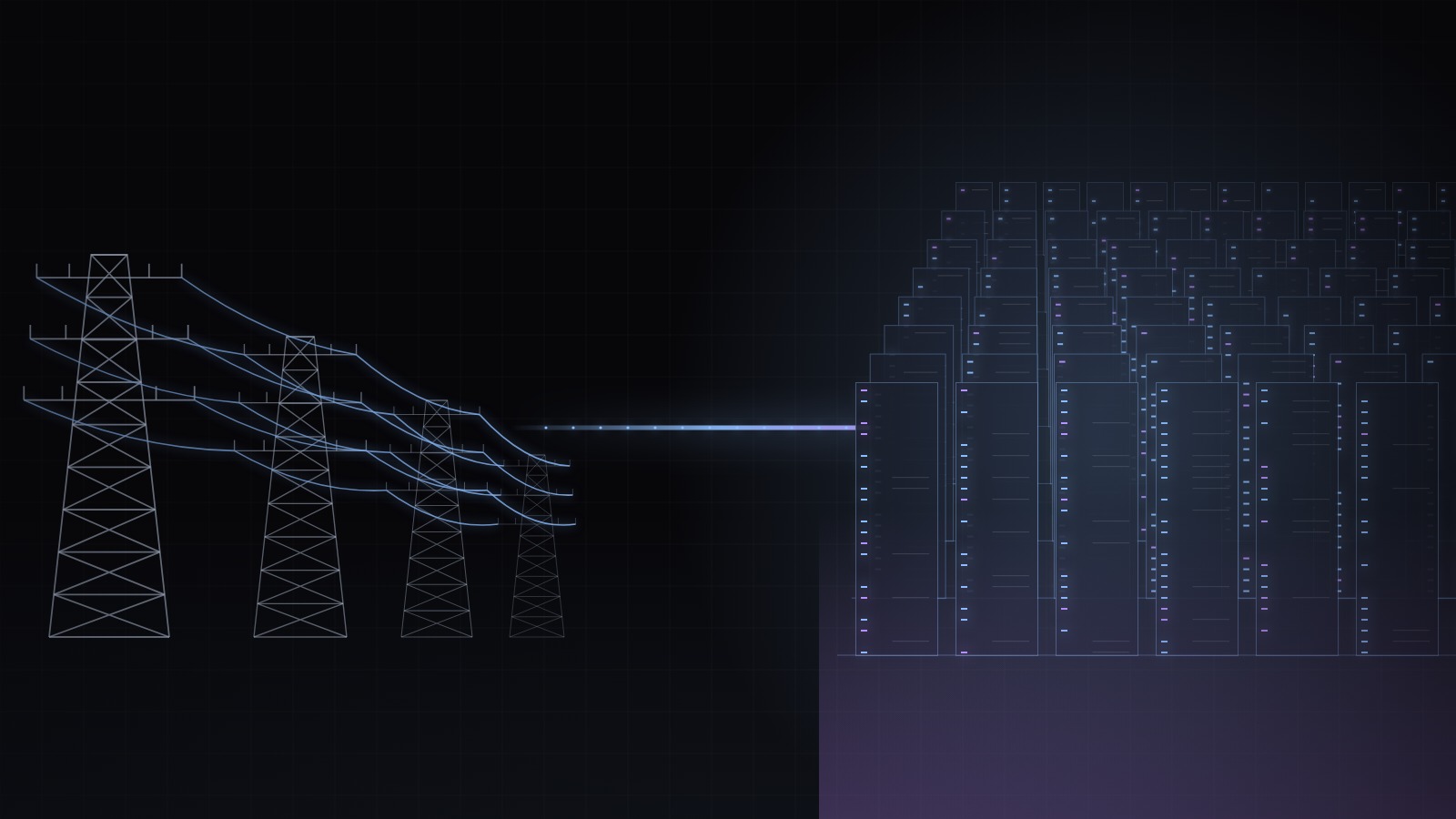Transmission pylons on the left feeding a single bright line of current into rows of glowing server racks on the right, the refinery that runs on electrons rather than barrels