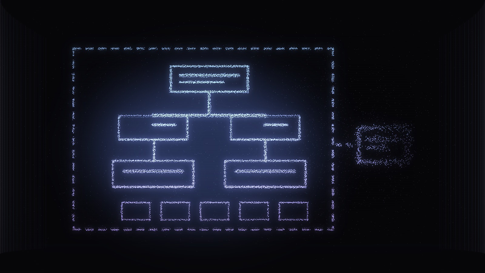 A nested ring of rectangular boxes rendered as fields of light particles, one box detaching and drifting outside the outer perimeter.