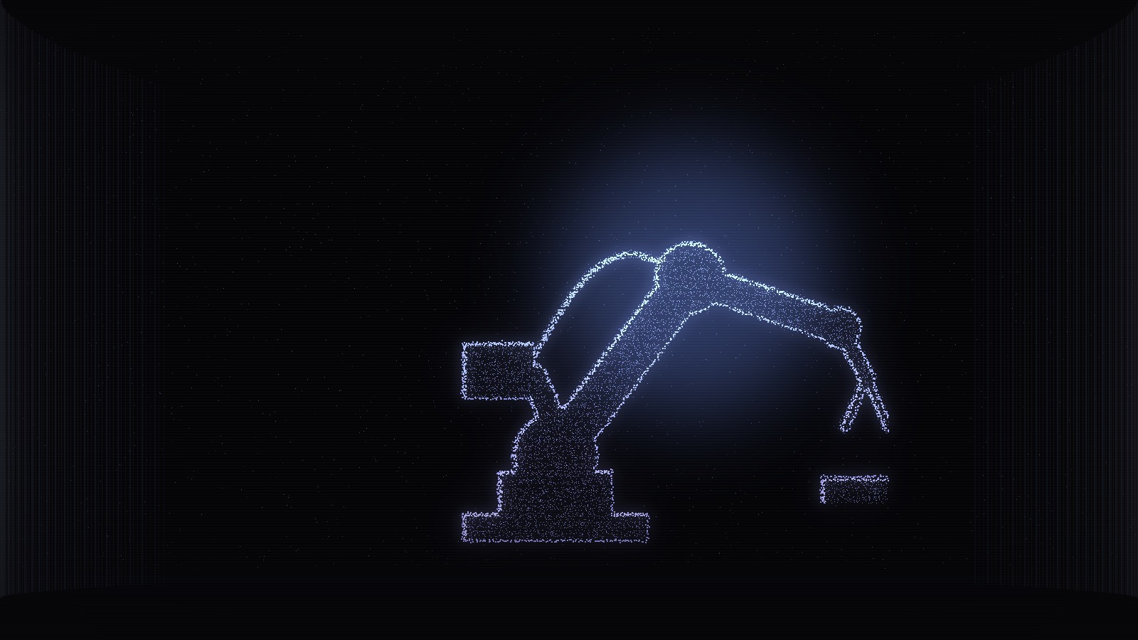 A robotic production arm rendered as a field of light particles over a dark factory floor, intelligence taking physical form on the line.