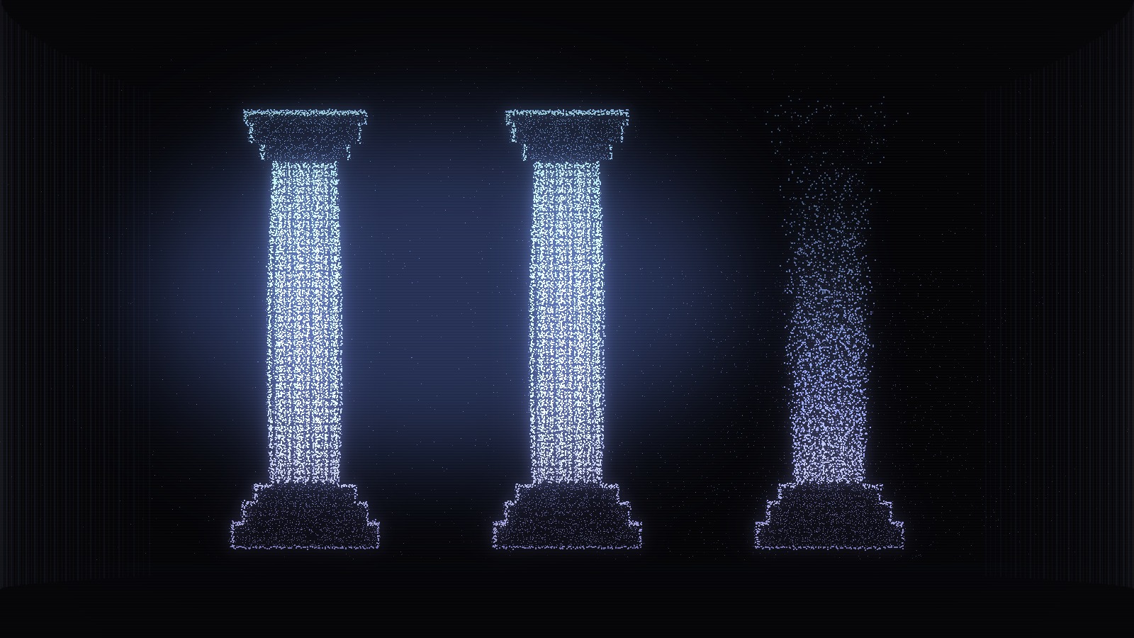 Three classical columns rendered as fields of light particles above a dark plane, the third one dissolving from its base upward.